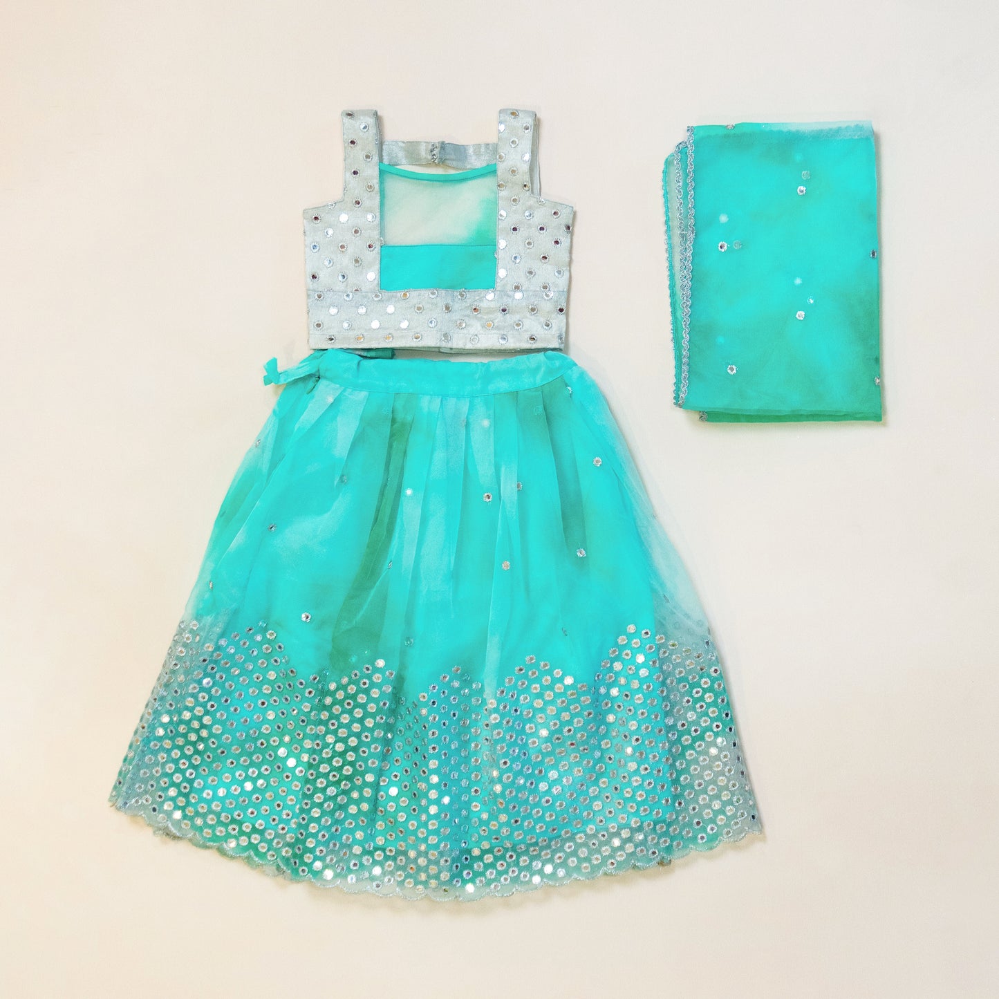 Pre Order: Teal Mirror Tie Dye Printed Organza Lehenga Set with Dupatta