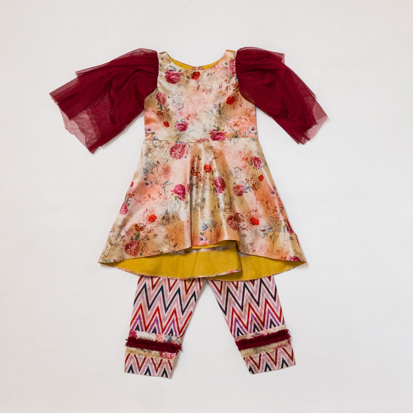 Pre Order: Frill Sleeved High low Tusser Kurti and Cigarette pant with net frill detailing