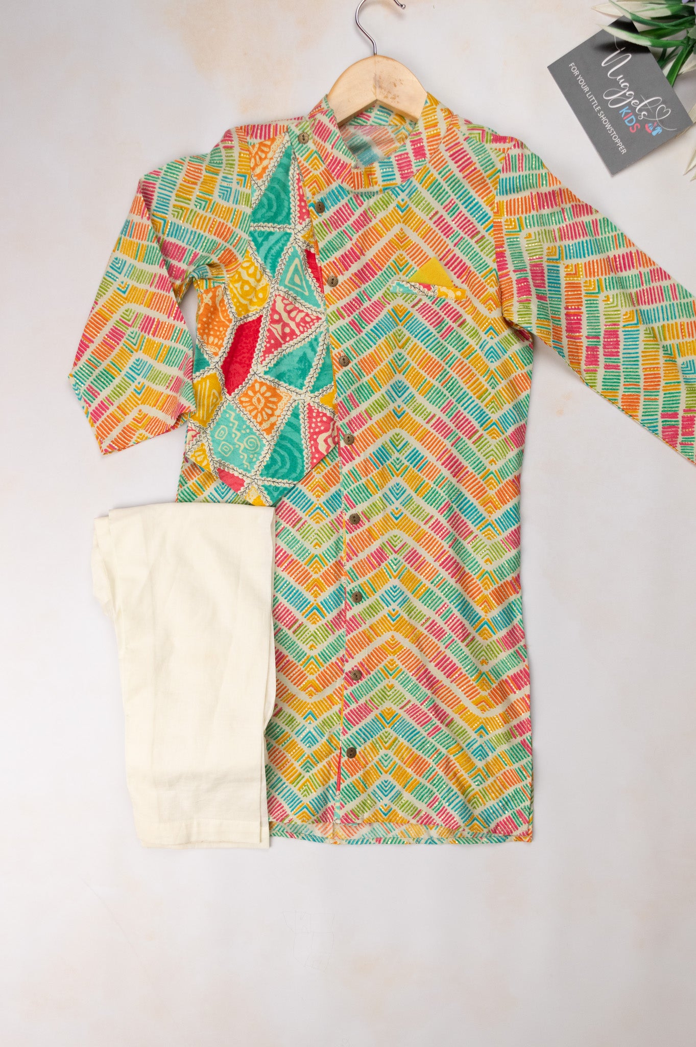 Pre Order: Multi Color Rayon Full open sherwani with designer patch on the right and cotton straight pants