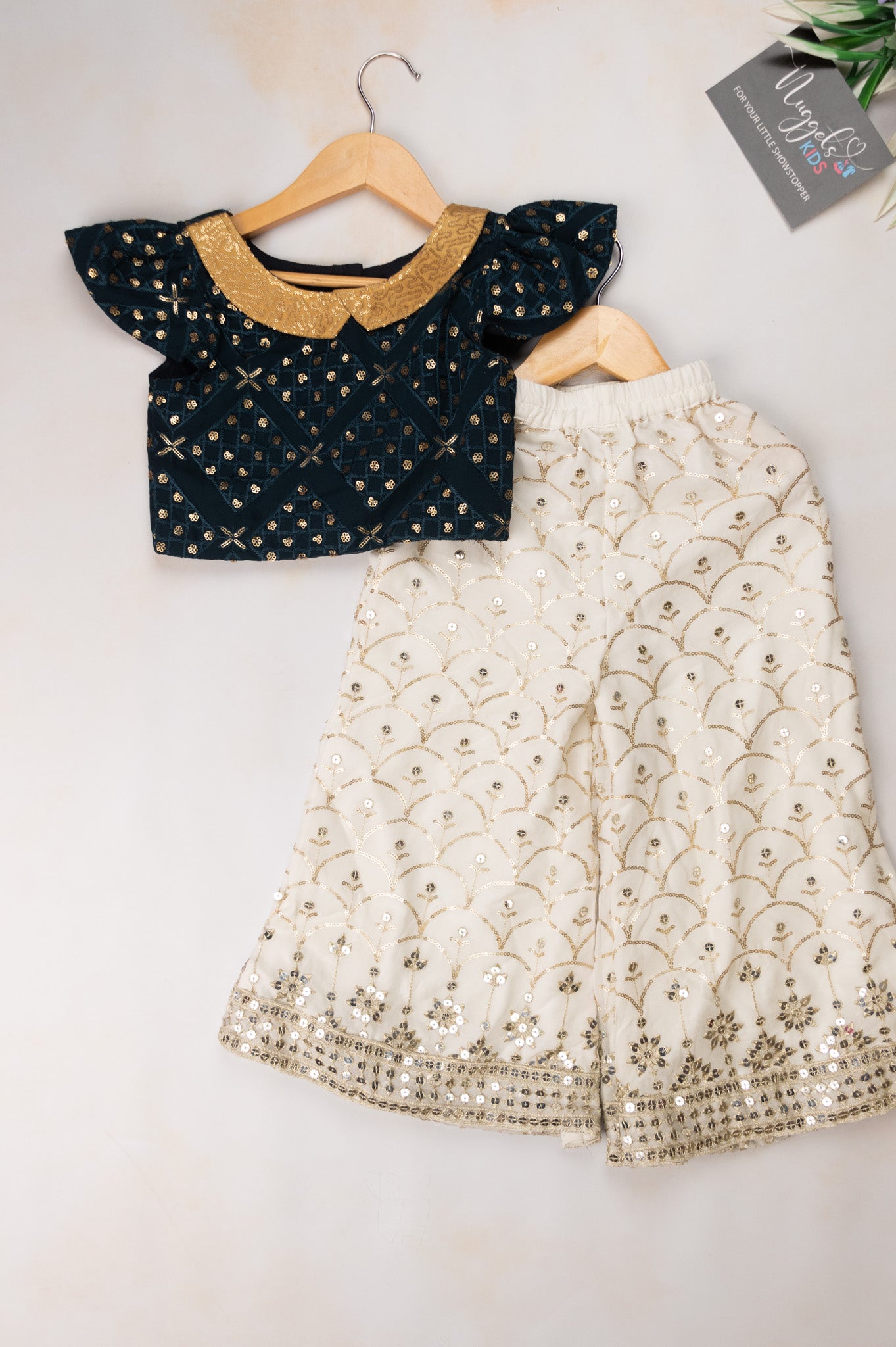 Pre Order: Dark blue sequins top and white sequins Palazzo