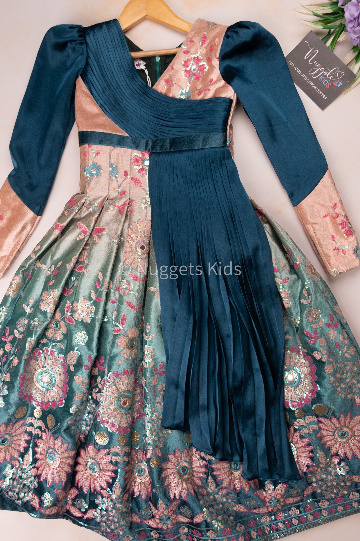 Pre Order: Ombre Teal Shaded Velvet 1 piece gown with Curve Pleated Designer