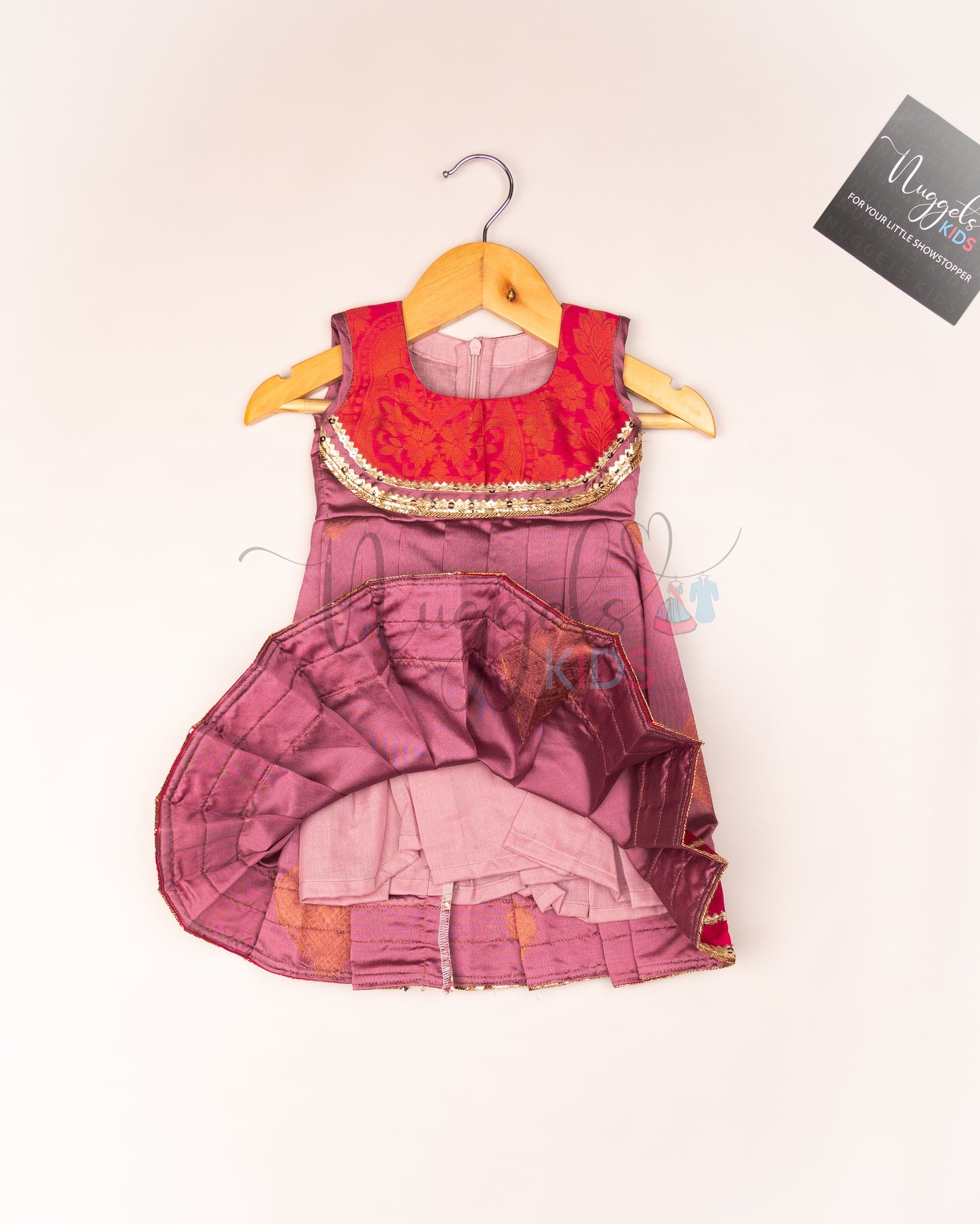 Ready to Ship: Onion Pink Semi Silk frock with patch work yoke and patch work hem with lace detailing