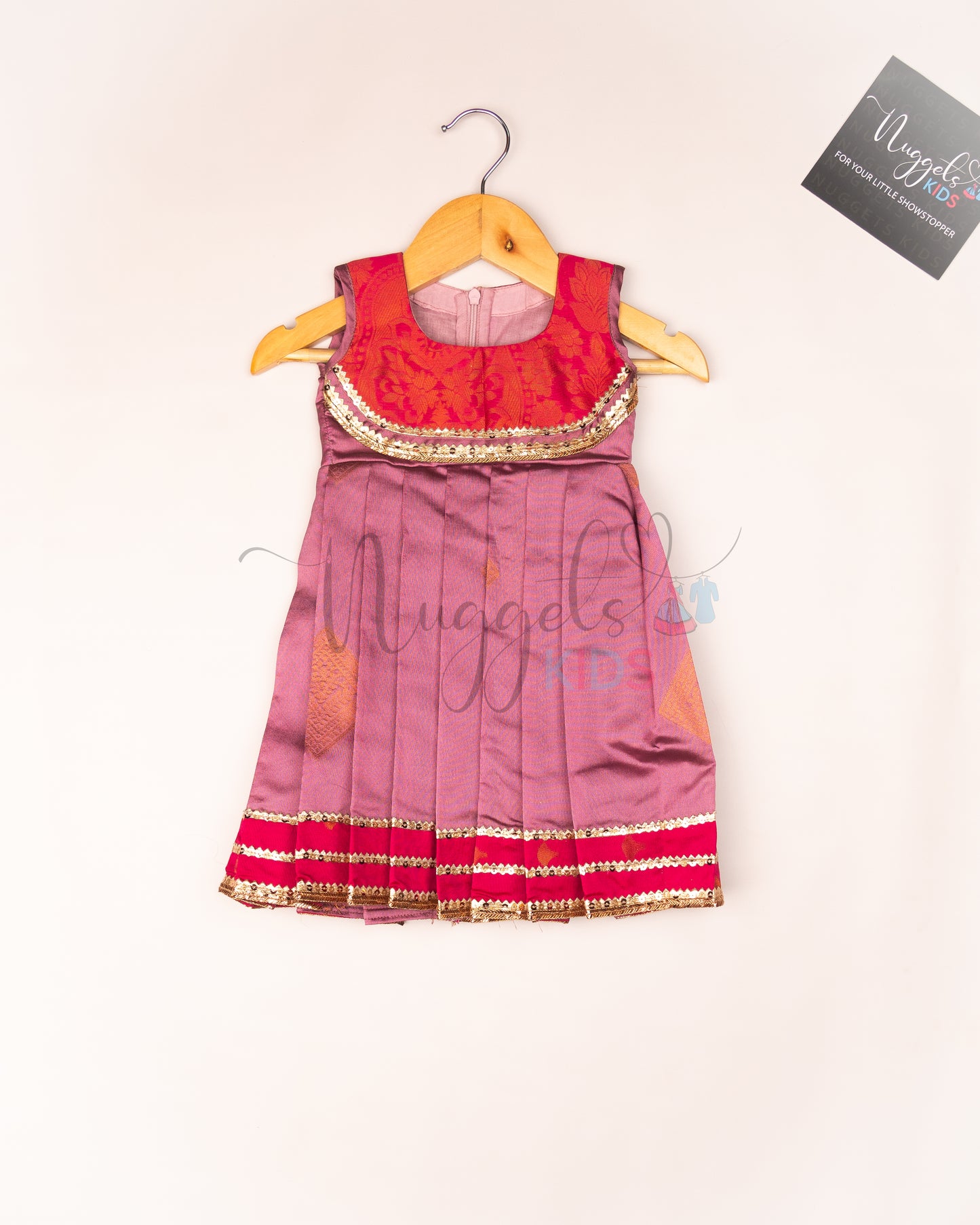 Ready to Ship: Onion Pink Semi Silk frock with patch work yoke and patch work hem with lace detailing