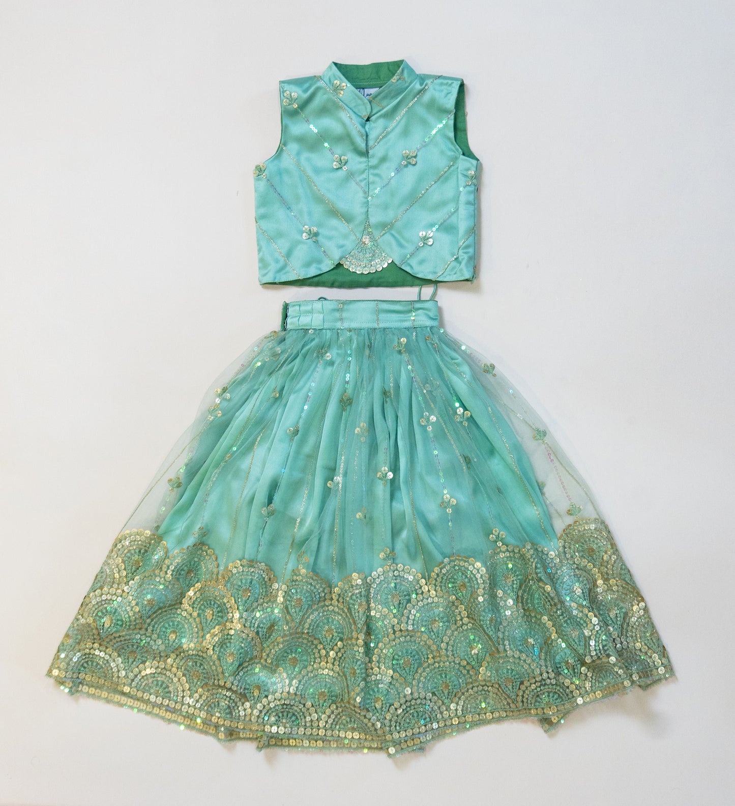 Pre Order: Sage Green Sequins Designer Lehenga Set