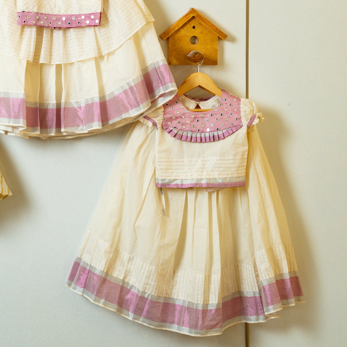 Pre Order: Designer Pink Kasavu Single Layered Pavada (Lehenga) Set