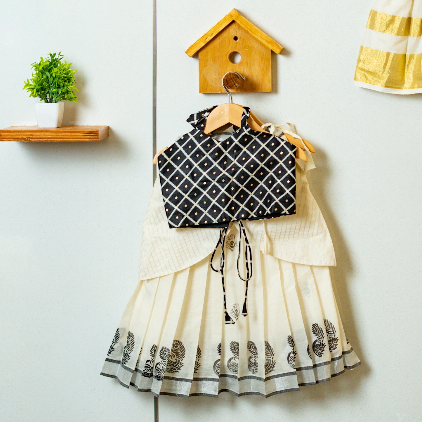 Pre Order: Black and Off-white Kasavu set with Halter neck top and Tulip styled skirt