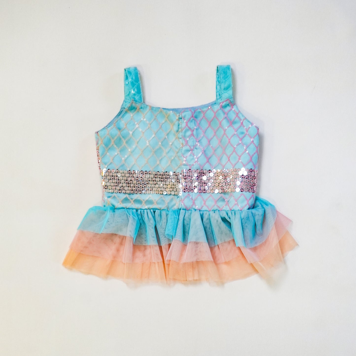 Pre Order: Stylish Pastel Tri-color Lehenga with Ruffled Top and Ruffled Dupatta