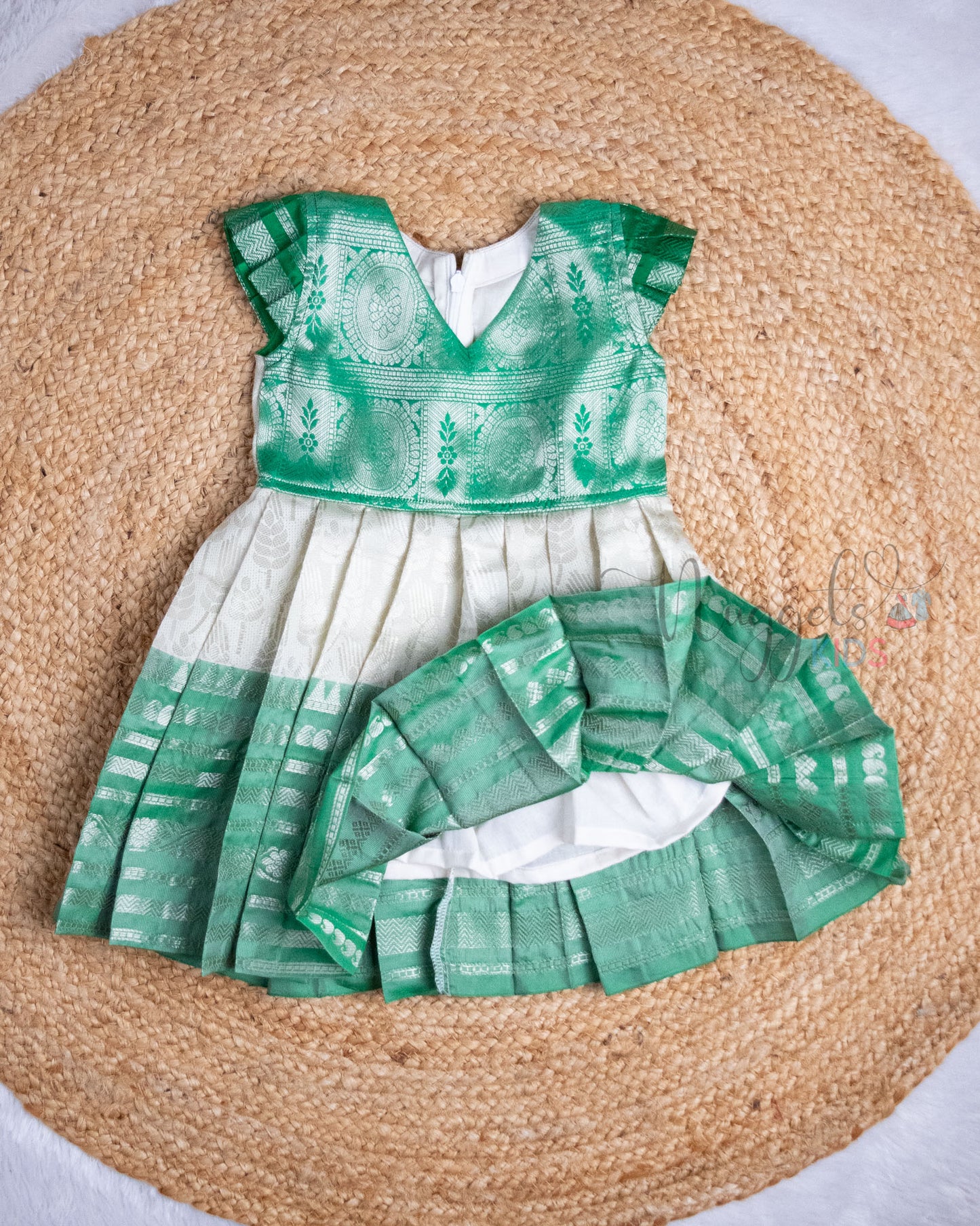Ready to Ship: Offwhite And Green Tissue Silk Frock With Pleated Cap Sleeves
