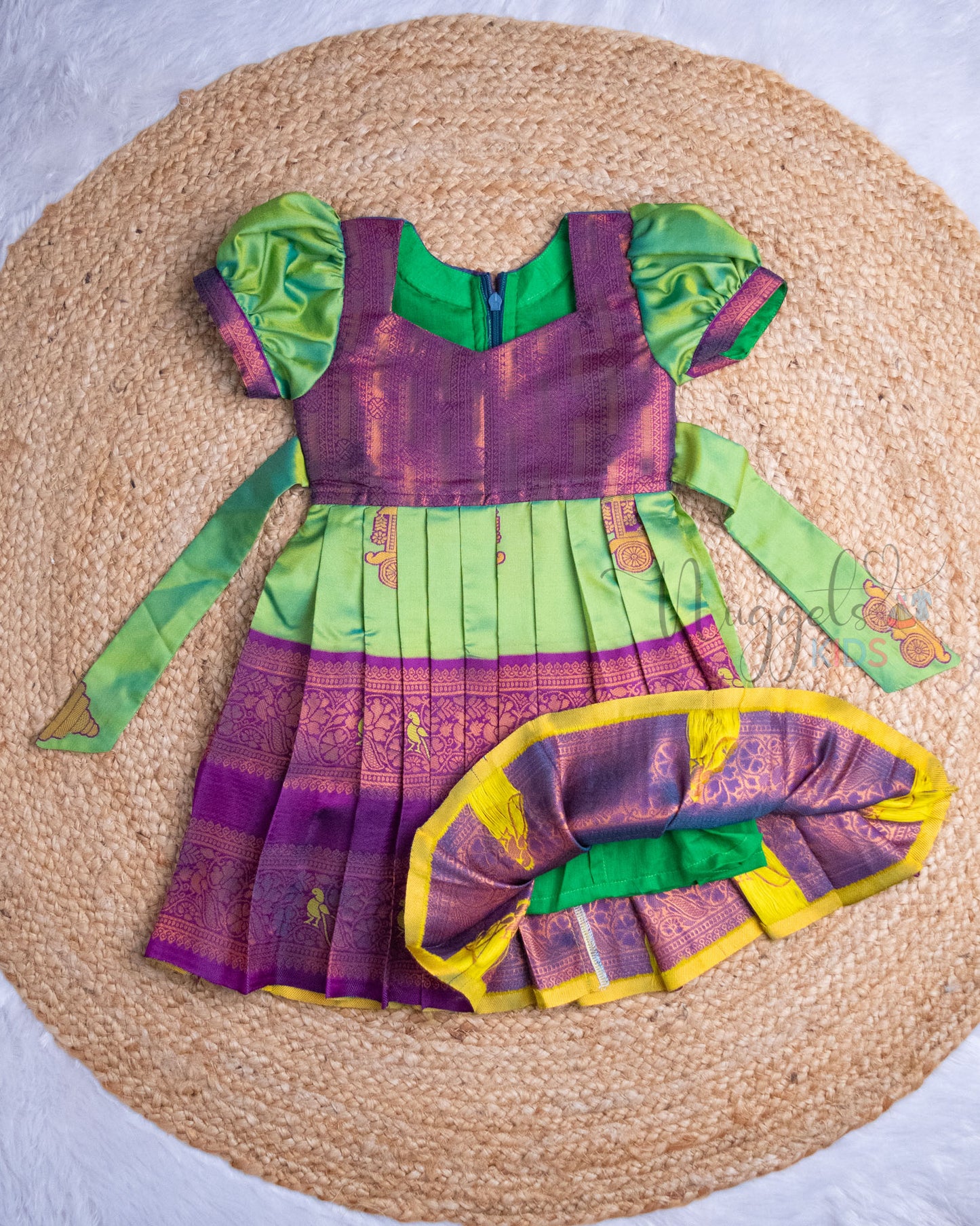 Ready to Ship: Green And Purple Premium Kanchi Frock With Puff Sleeves