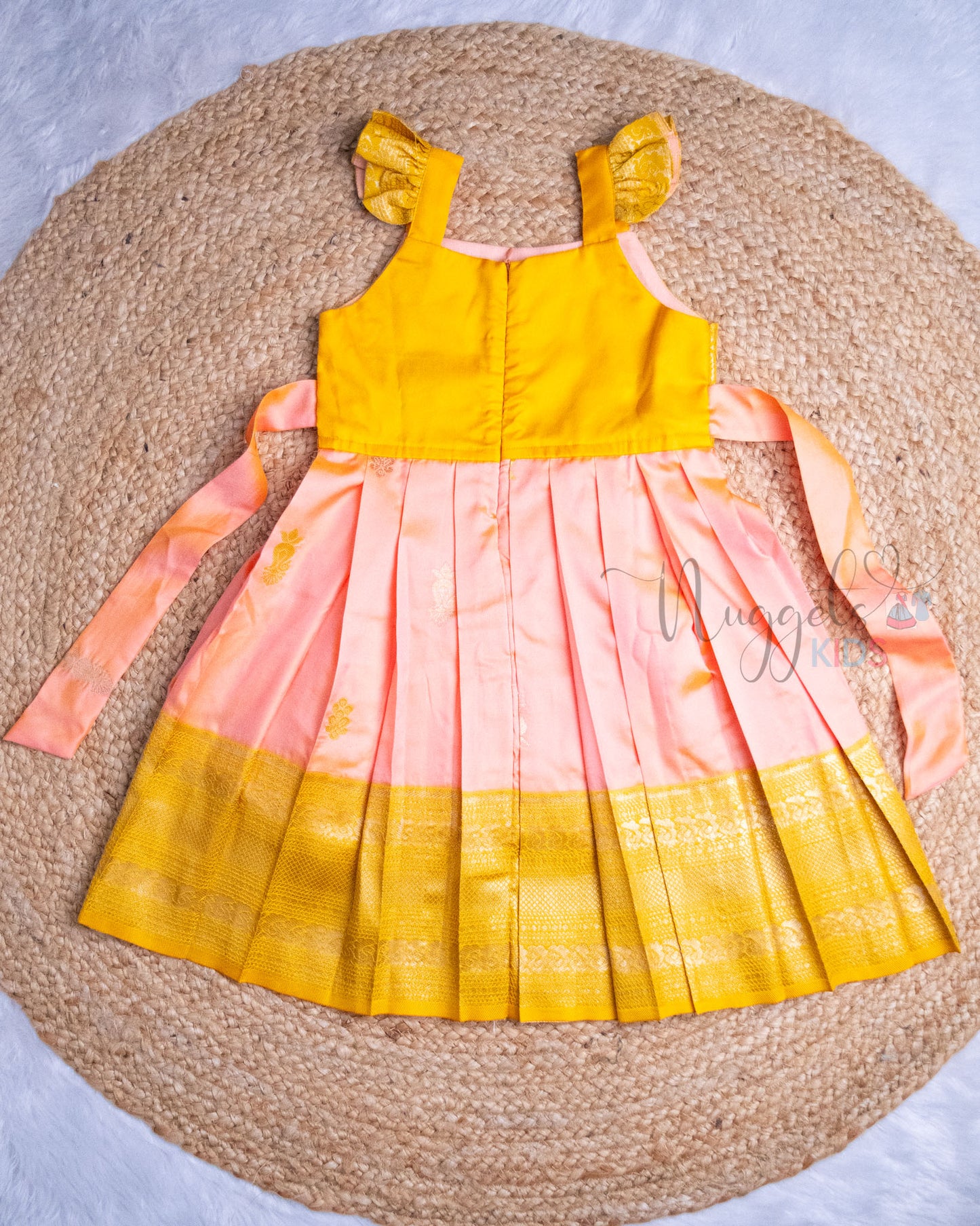 Ready to Ship: Coral and Yellow Premium Kanchi Frock with Ruffle Sleeves