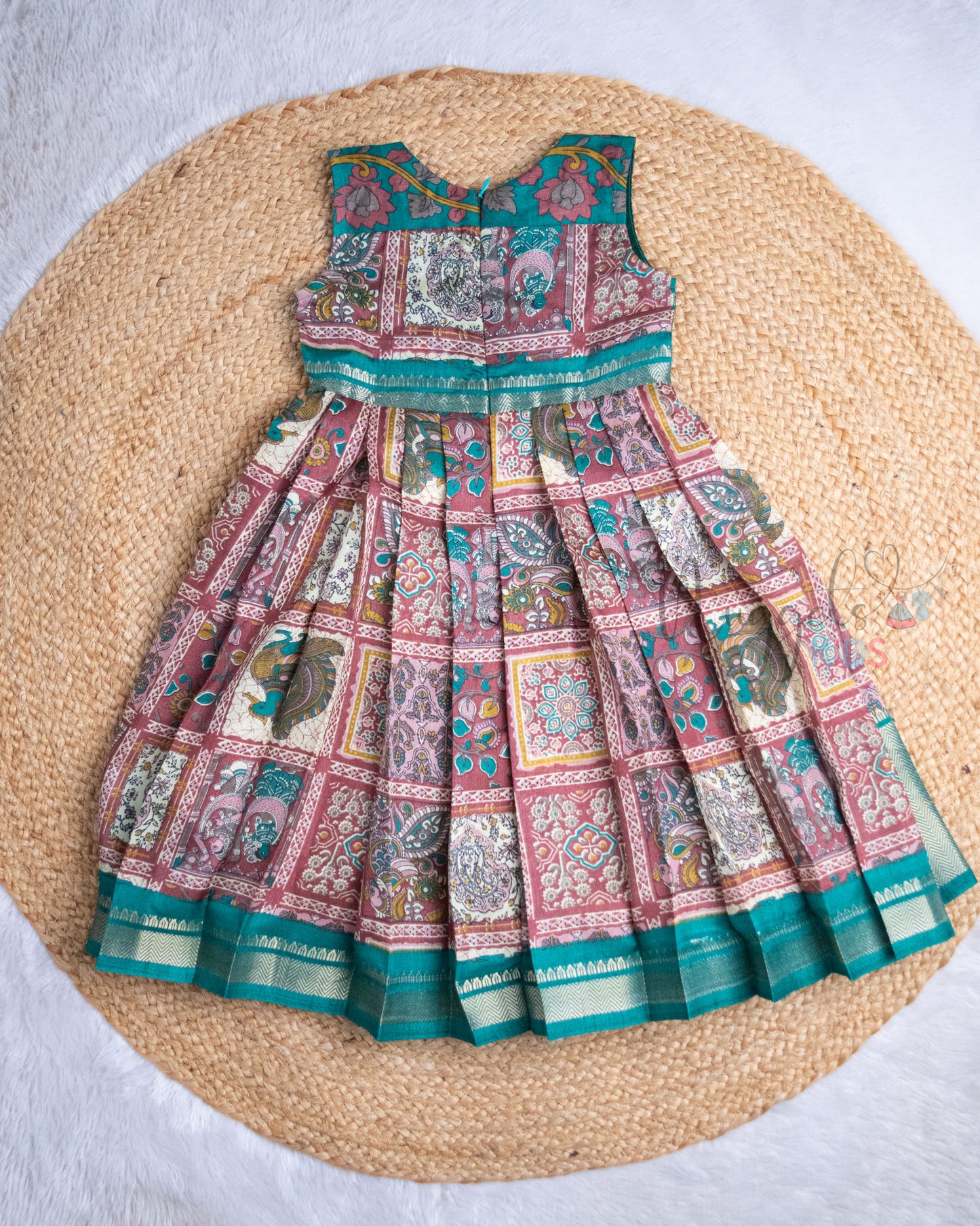 Ready to Ship: Kalamkari in Checks Teal and Salmon Pink Semi Silk Sleeveless Frock