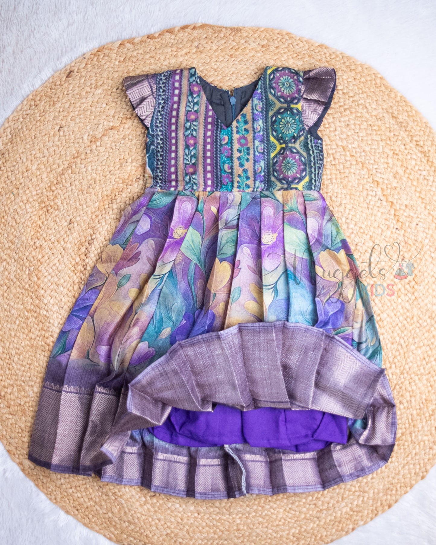 Ready to Ship: Brush Paint Printed Violet and Mustard Yellow Semi Silk Frock with Pleated Cap Sleeves