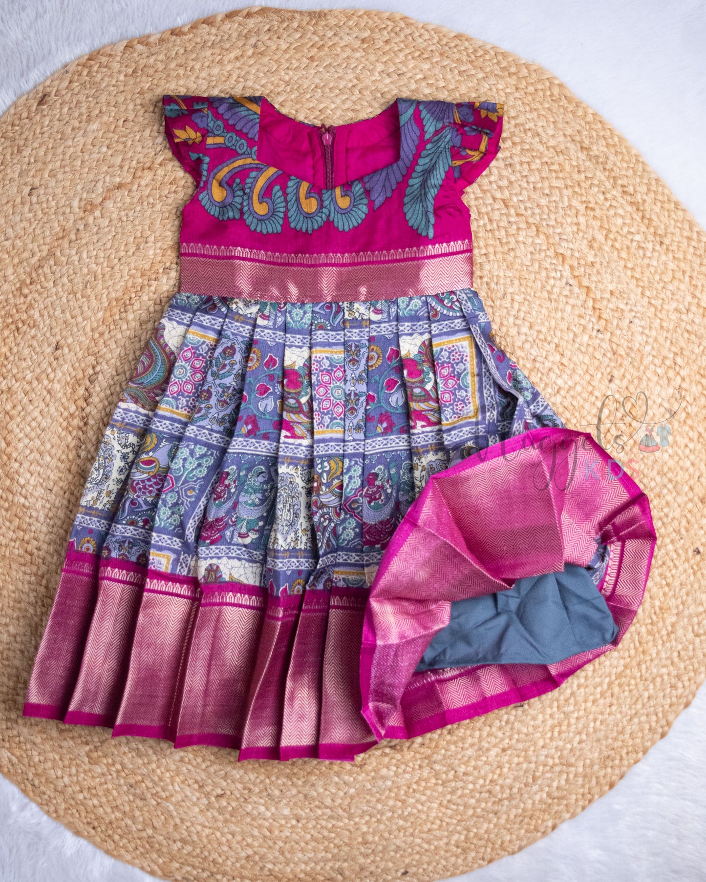 Ready to Ship: Kalamkari in Checks Printed Pink and Lavender Semi Silk Frock with Pleated Cap Sleeves