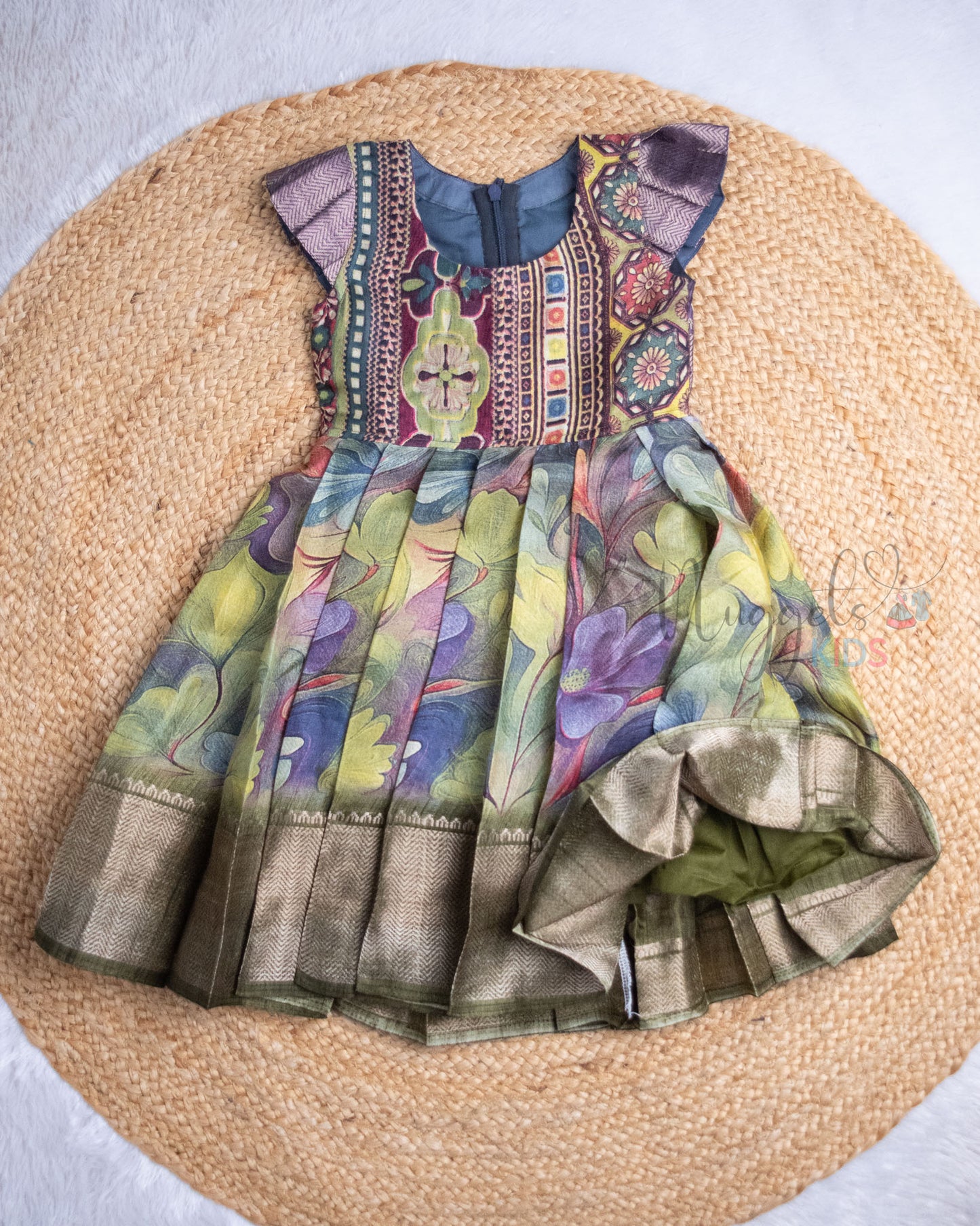 Ready to Ship: Brush Paint Printed Purple and Olive Green Semi Silk Frock with Pleated Cap Sleeves