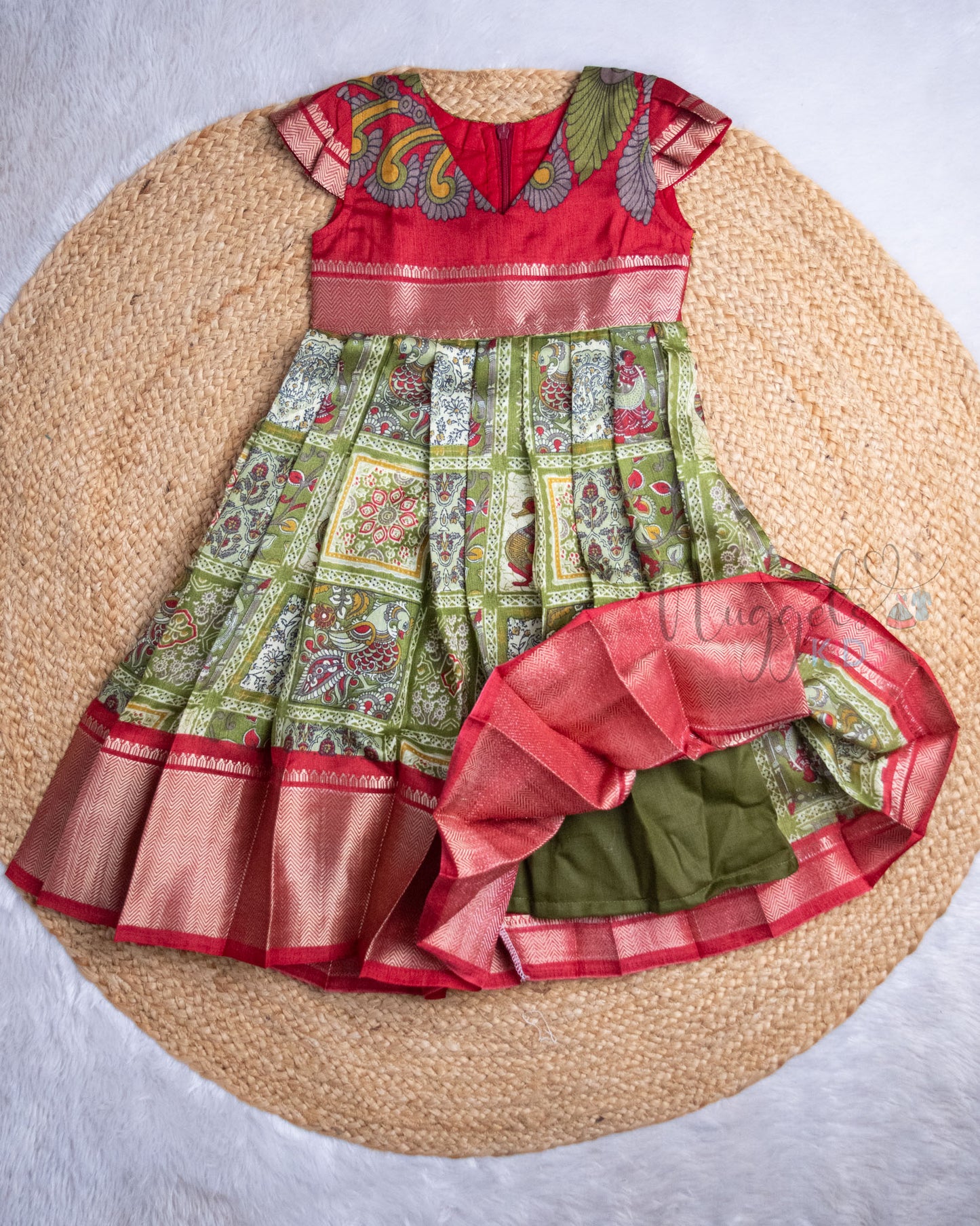 Ready to Ship: Kalamkari in Checks Printed Red and Olive Green Semi Silk Frock with Pleated Cap Sleeves