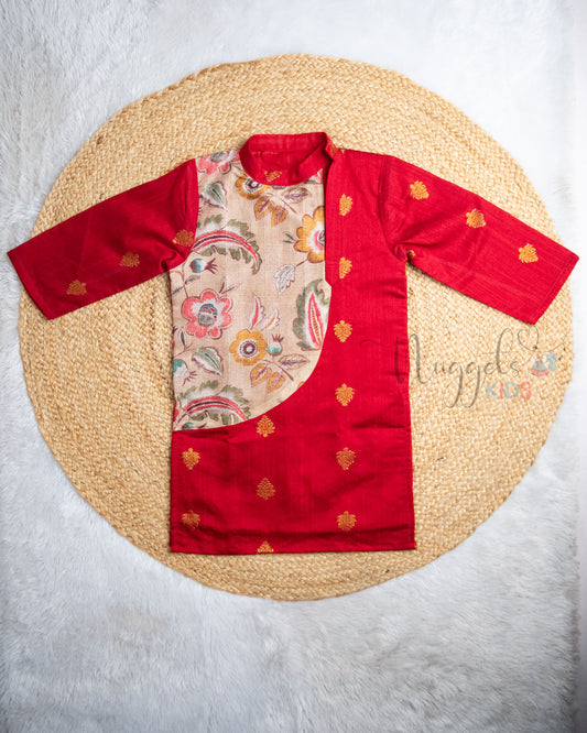Pre Order: Red Raw Silk Kurta with Printed Silk Patch detailing