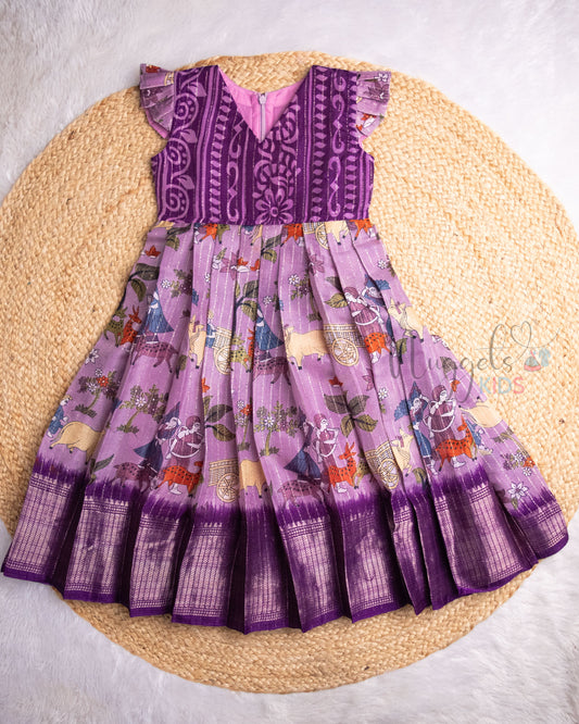 Ready to Ship: Purple Worli Printed Semi Silk Frock with Pleated Cap Sleeves