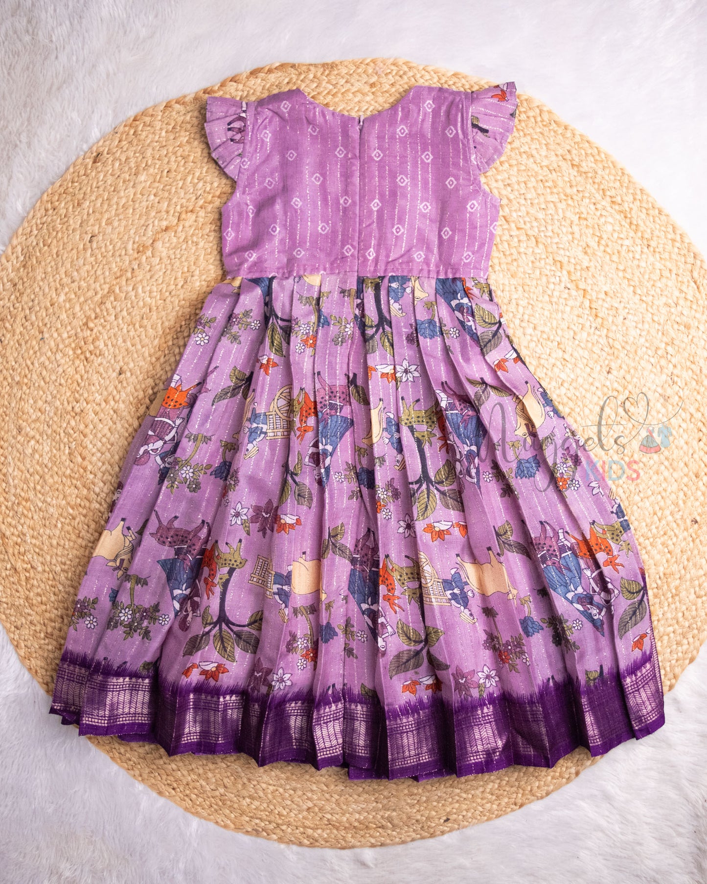 Ready to Ship: Purple Worli Printed Semi Silk Frock with Pleated Cap Sleeves