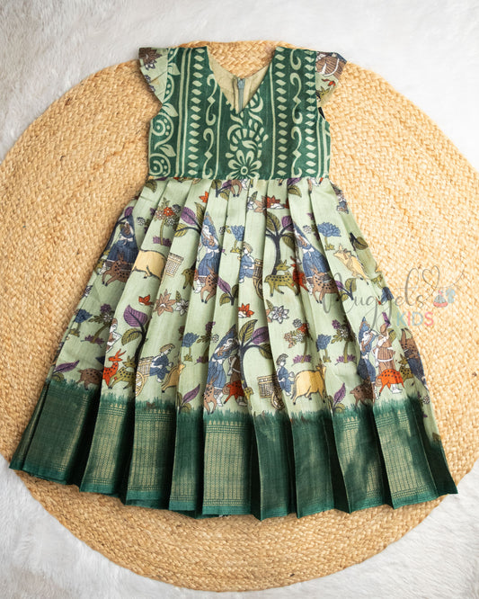 Ready to Ship: Green Worli Printed Semi Silk Frock with Pleated Cap Sleeves