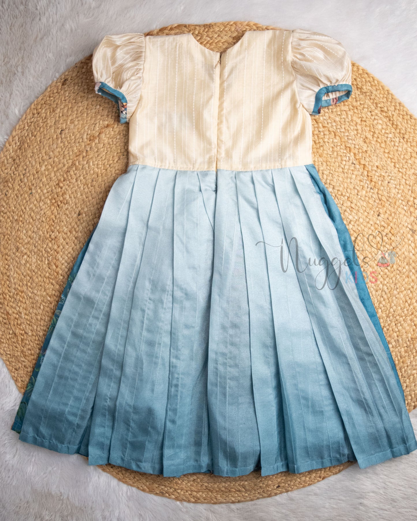 Ready to Ship: Ombre Shaded Semi Tussar Frock with Beautiful Printed Flare, Cream White Raw Silk Yoke, Leaf Neck and Puff Sleeves