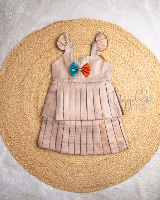 Ready to Ship: Copper Steel Blue Semi Silk Two Layer With Ruffle Sleeves Pattu Frock with Bow Detailing