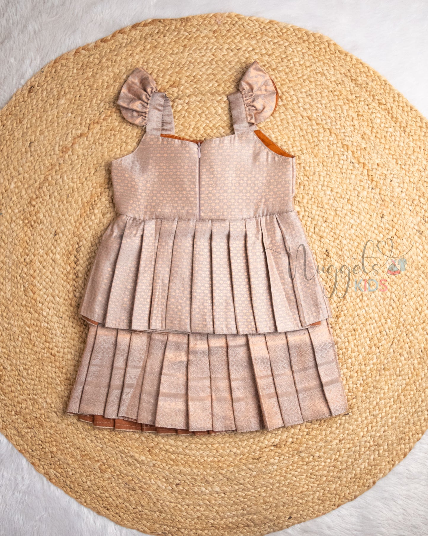 Ready to Ship: Copper Steel Blue Semi Silk Two Layer With Ruffle Sleeves Pattu Frock with Bow Detailing