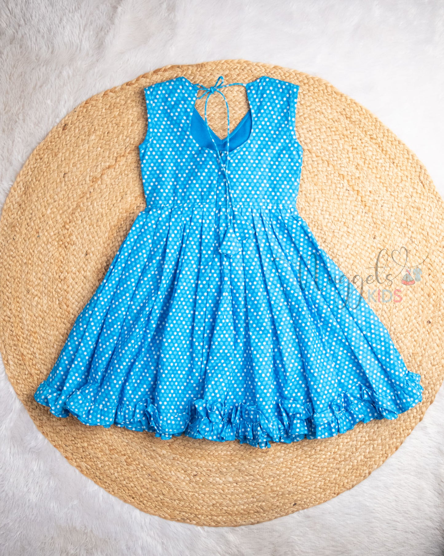 Ready to Ship: Sky Blue Polka Dots Butterfly bowed frock with Peter Pan Collar, Frilly Flare and Back Tie