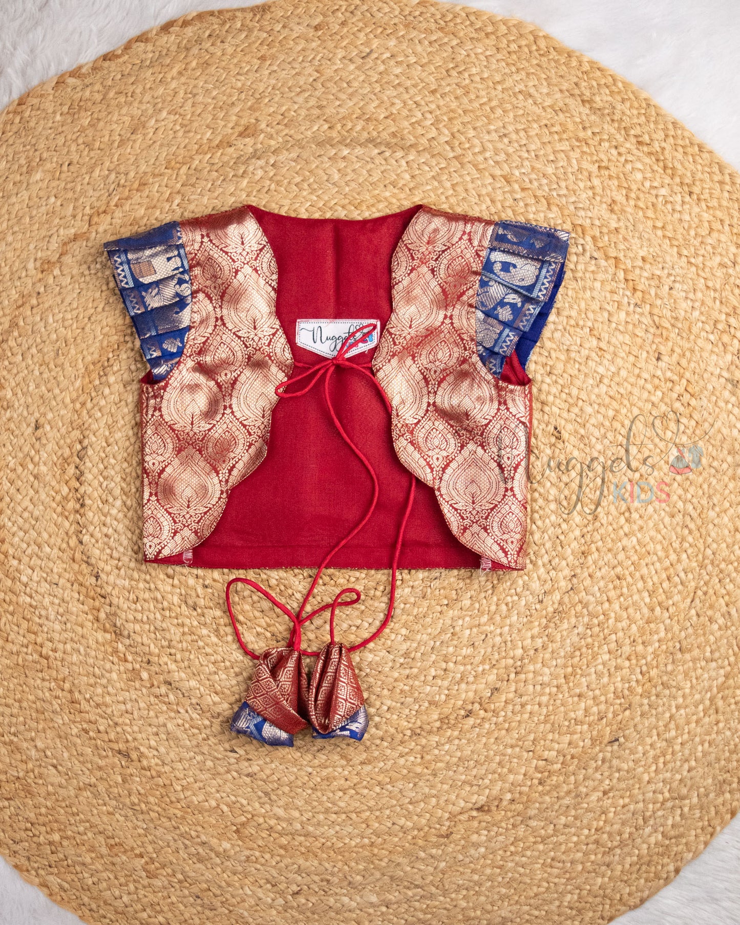 Ready to Ship: Blue and Red Semi Silk Sleeveless Gown with Pleated Cap Sleeve Detachable Jacket