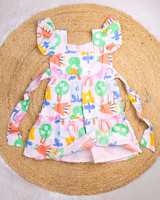 Ready to Ship: Baby Pink Two Tiered Printed Cotton Frock with Ruffle Sleeves