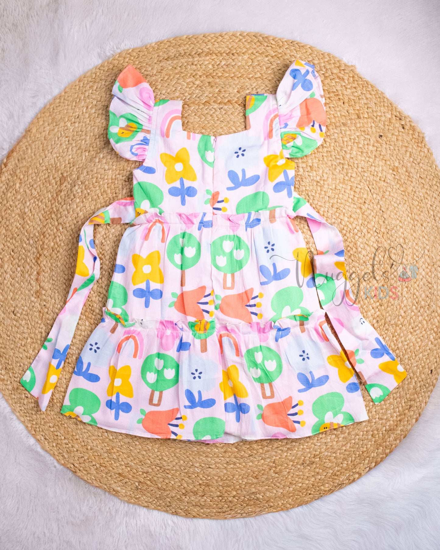 Ready to Ship: Baby Pink Two Tiered Printed Cotton Frock with Ruffle Sleeves