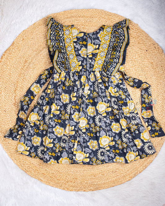 Ready to Ship: Ink Blue Cotton Frock With Ruffle Winged Yoke and Back Tie