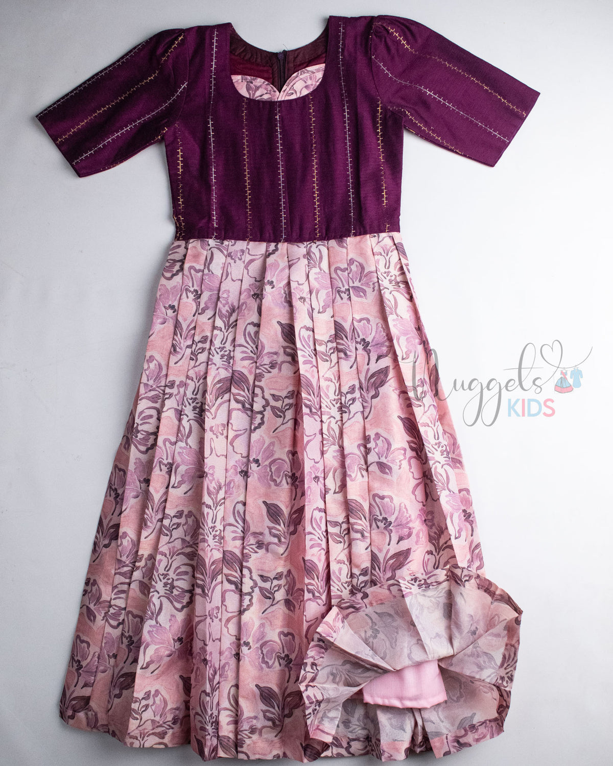 Ready to Ship: Wine Raw Silk And Peach Floral Semi Silk Gown