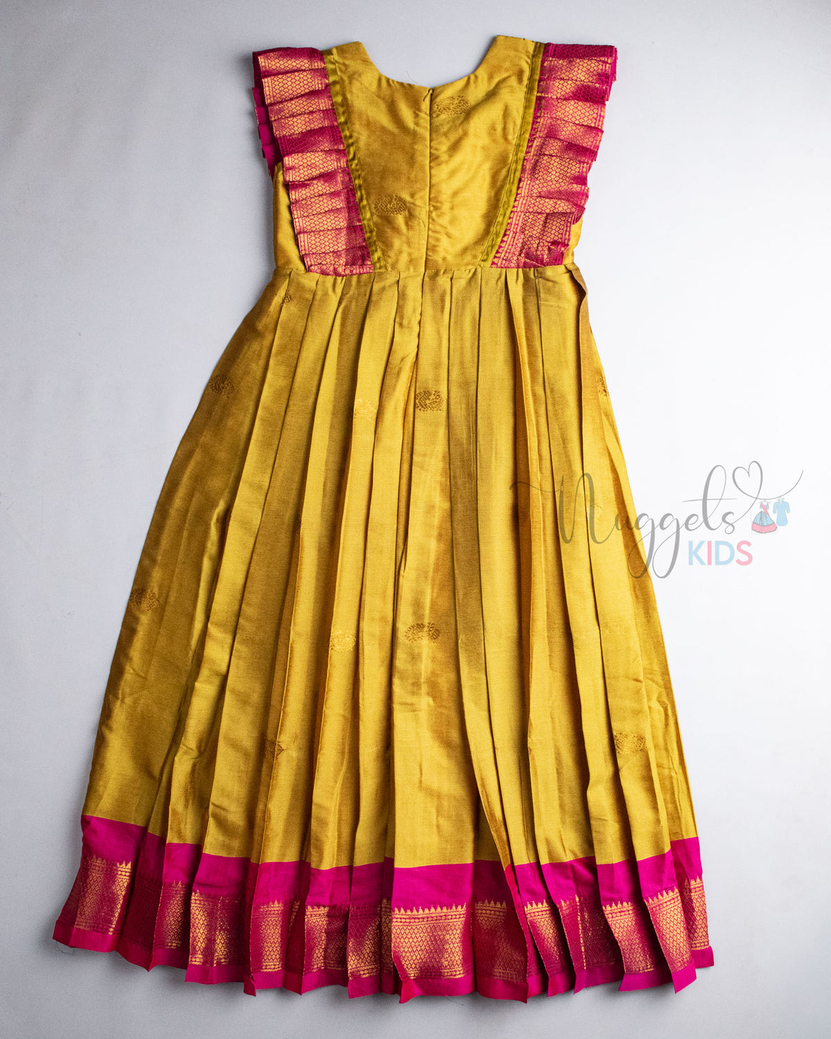 Ready to Ship: Mustard And Pink Kalyani Silk Winged Gown With Bow Detailing