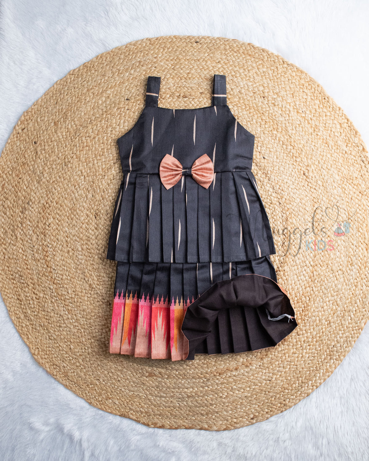 Ready to Ship: Black Double layer Semi Silk Sleeveless Frock with Bow Detailing
