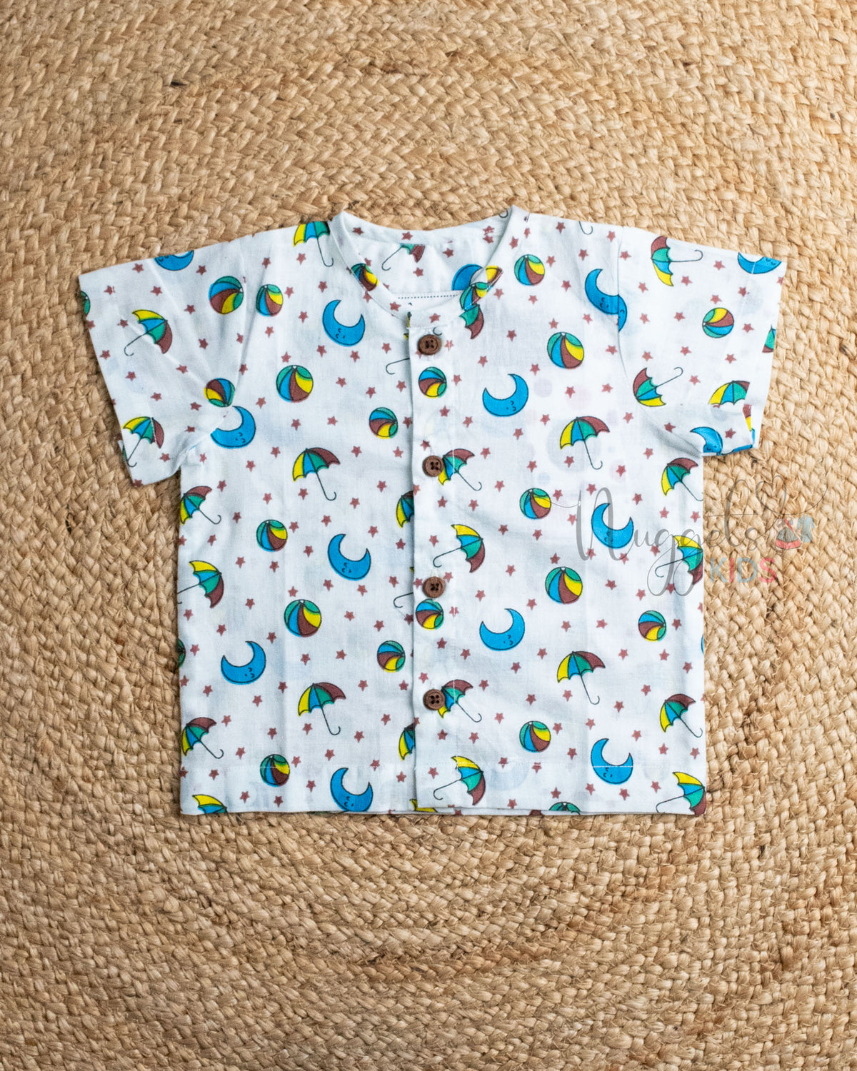 Ready to Ship: Little Stars Printed Pure Cotton Jhabla Shirt with Wooden Button Detailing