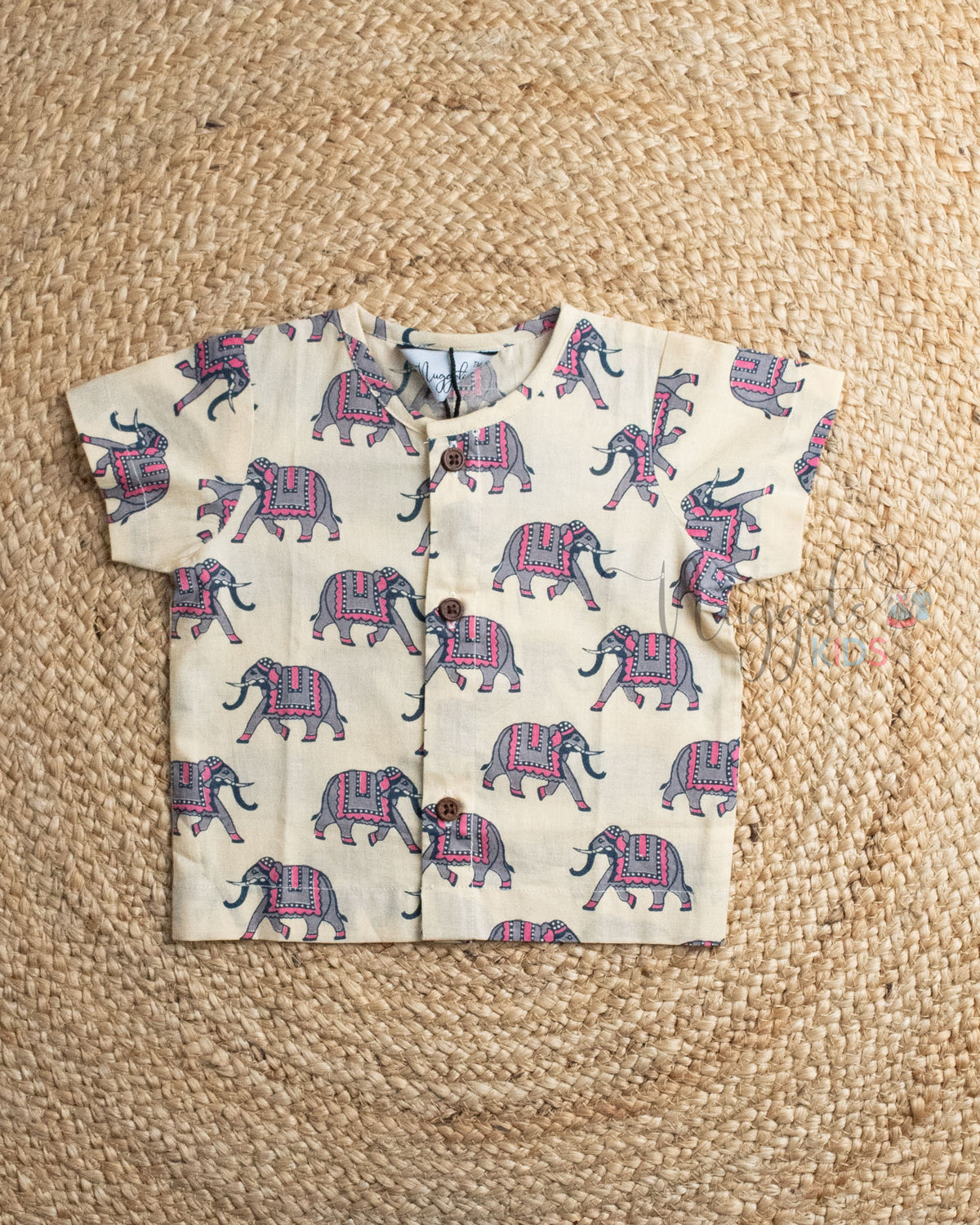 Ready to Ship: Chubby Jambo Printed Pure Cotton Jhabla Shirt with Wooden Button Detailing