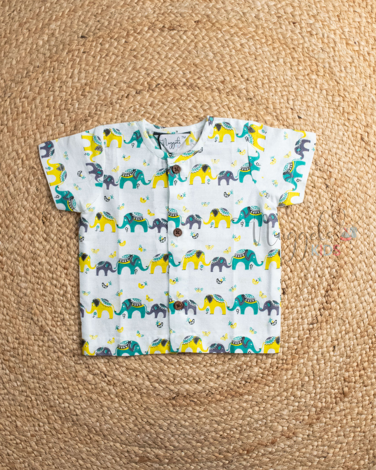 Ready to Ship: Elephant Vibe Printed Pure Cotton Jhabla Shirt with Wooden Button Detailing