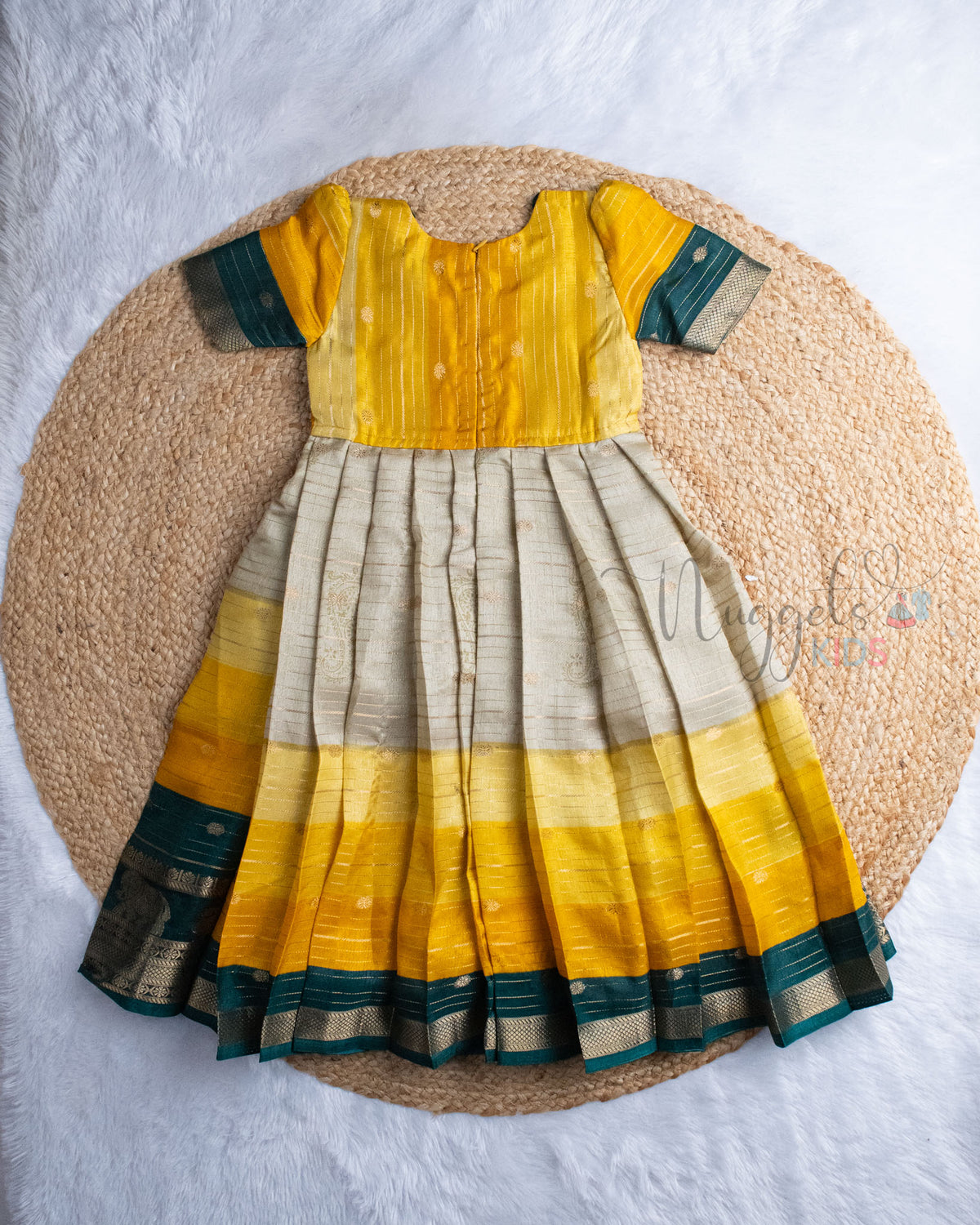 Ready to Ship: Mustard And Bottle Green Kalamkari Printed Semi Tusser Gown