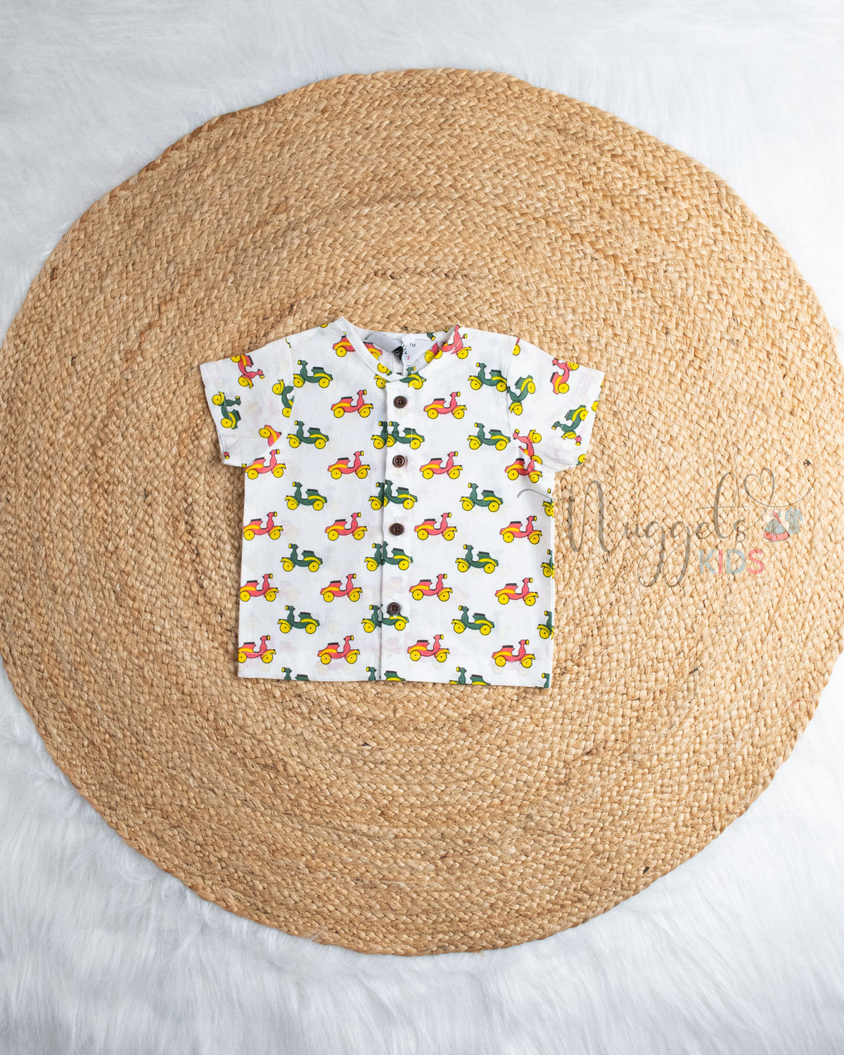 Ready to Ship: Street Spark Ride Printed Pure Cotton Jhabla Shirt with Wooden Button Detailing
