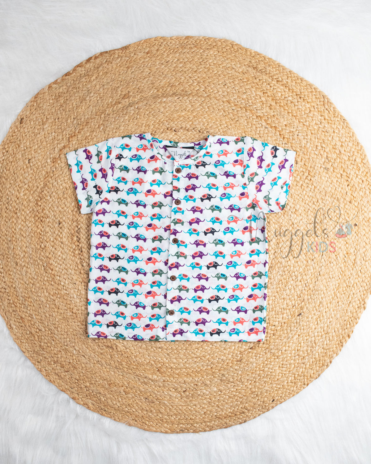 Ready to Ship: Happy Vibes Elephant Printed Pure Cotton Jhabla Shirt with Wooden Button Detailing