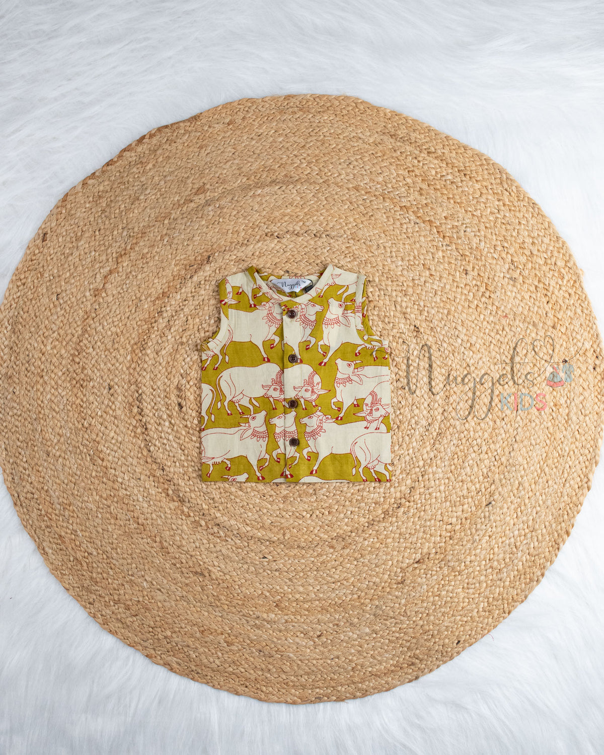 Ready to Ship: Oilve Green Pichwai Printed Printed Pure Cotton Jhabla with Wooden Button Detailing