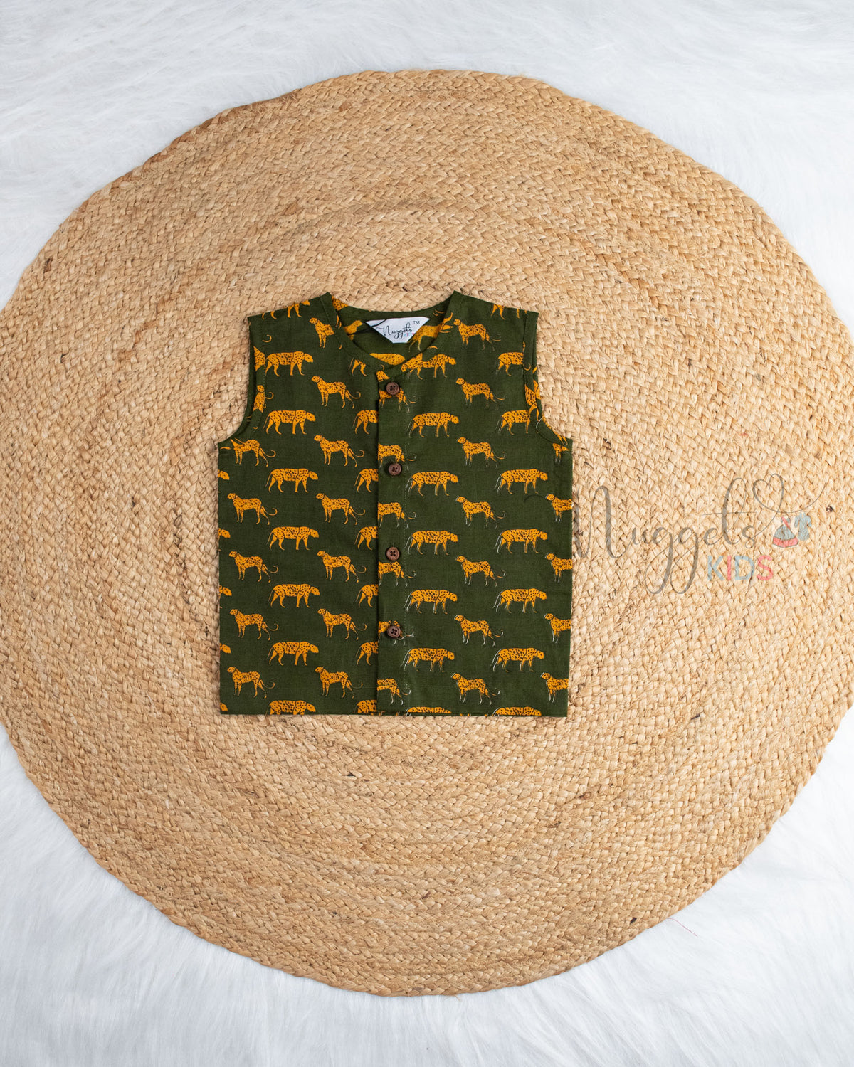 Ready to Ship: Green Cheeta Printed Pure Cotton Jhabla with Wooden Button Detailing