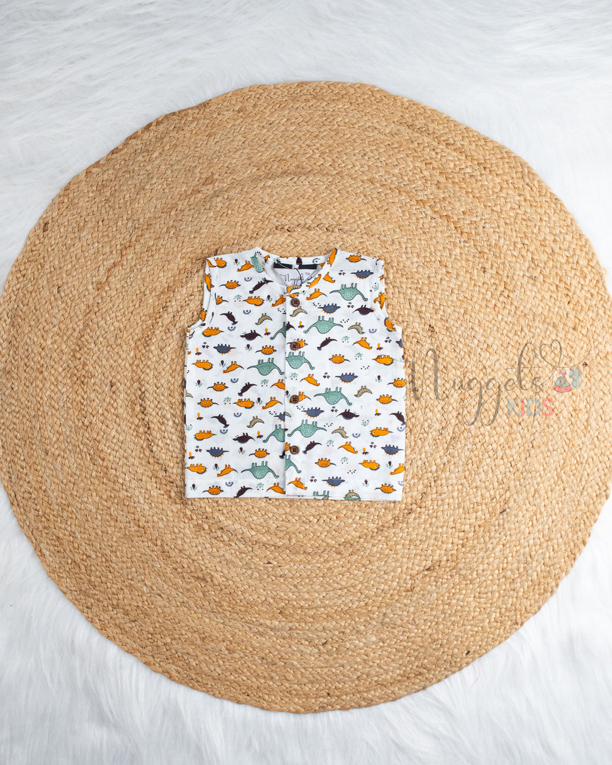Ready to Ship: Wild Striker Dino Printed Pure Cotton Jhabla with Wooden Button Detailing