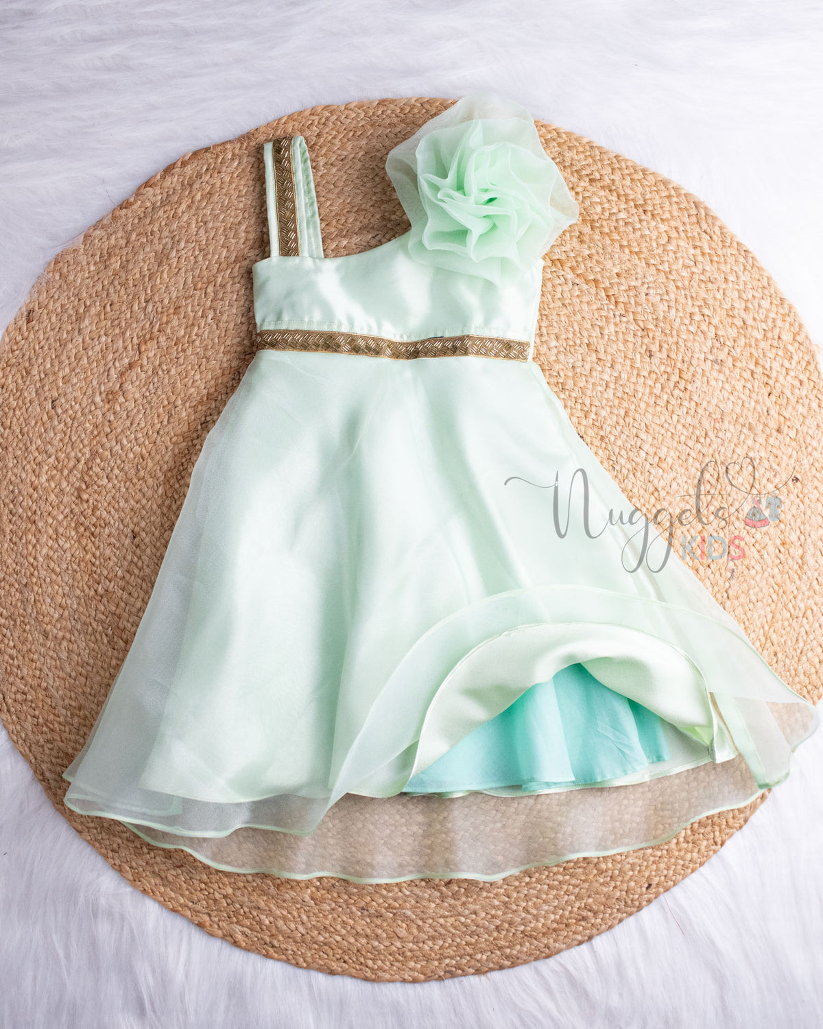 Ready To Ship: Pista Green One Shoulder Party Gown With Floral Bow Detailing