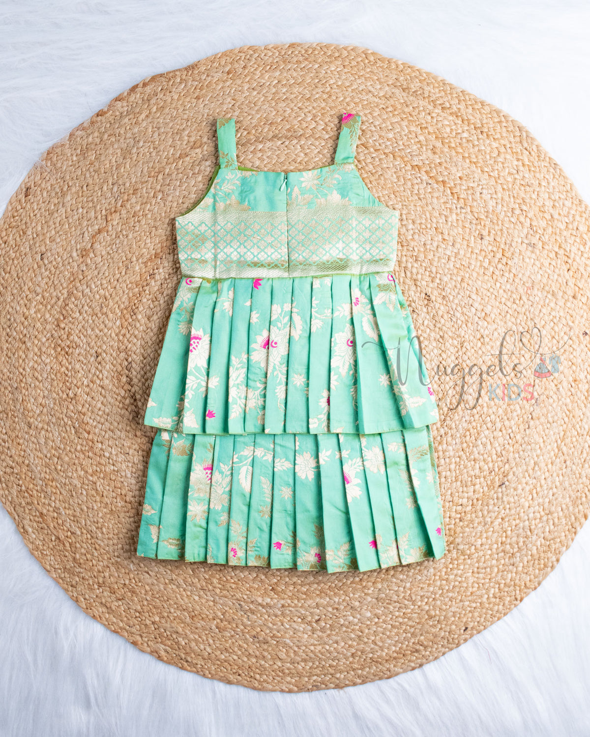 Ready to Ship: Pista Green Banarasi Semi Silk Two Layer frock With Sleeveless And Bow Detailing