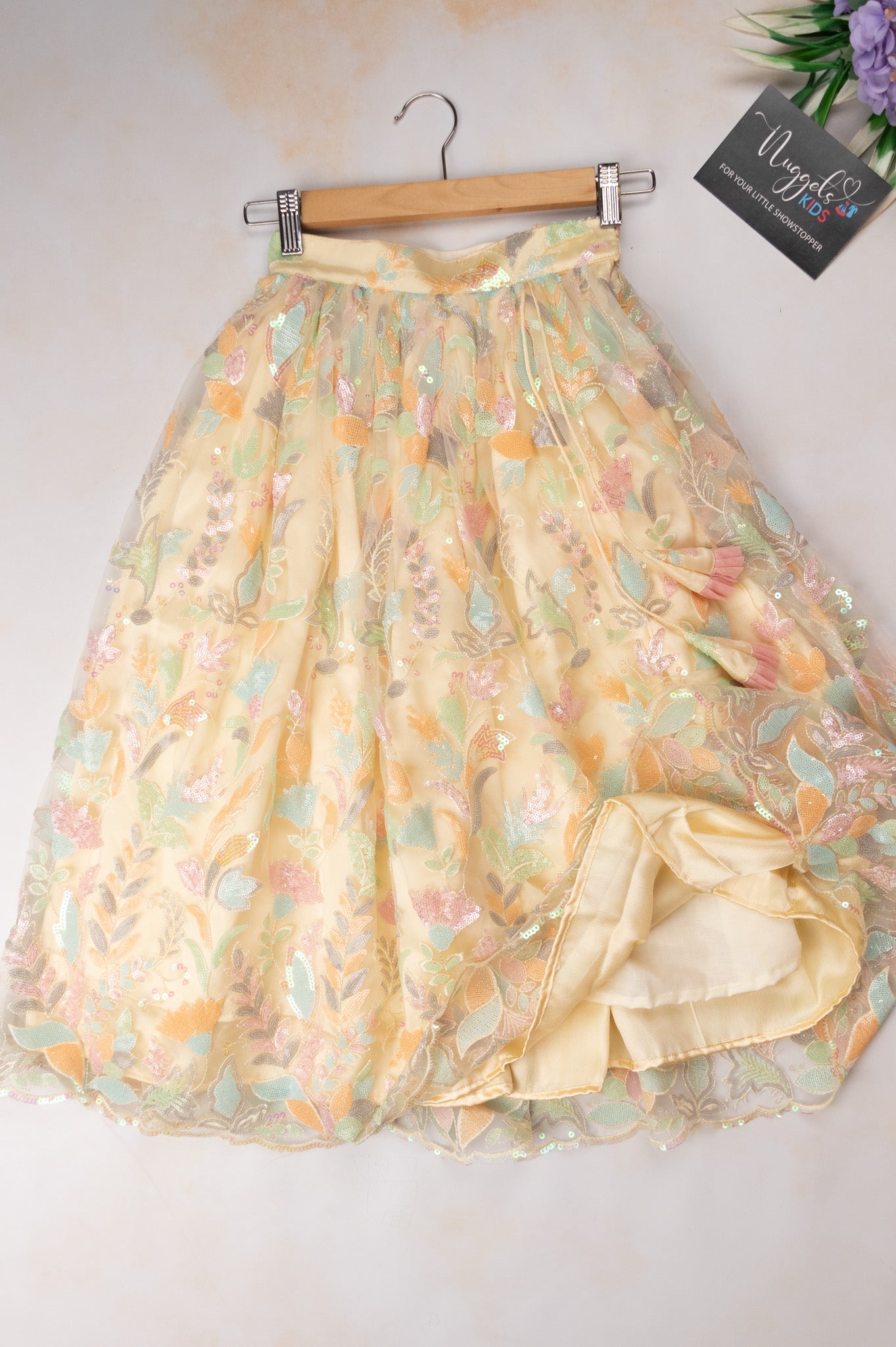 Pre Order: Stylish Pastel Lemonish Yellow Lehenga with multicolor sequins and embroidery with designer blouse and dupatta