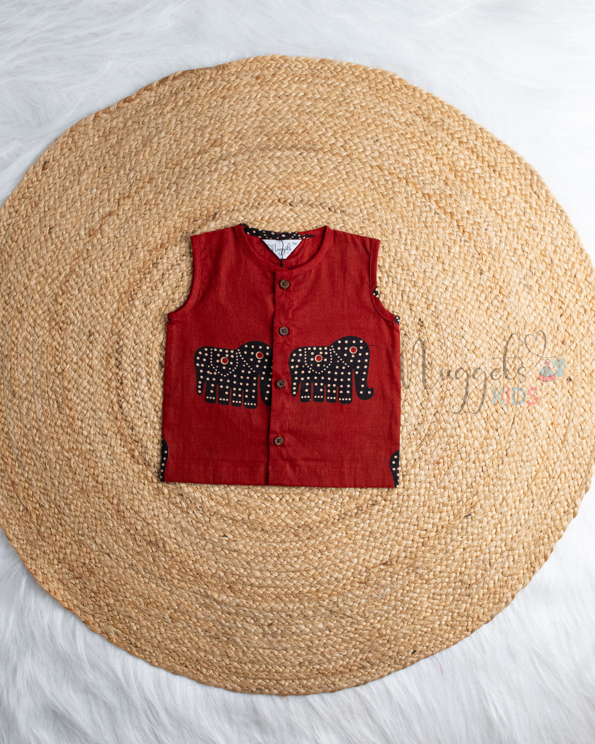 Ready to Ship: Tusker Tales Elephant Printed Pure Cotton Jhabla with Wooden Button Detailing