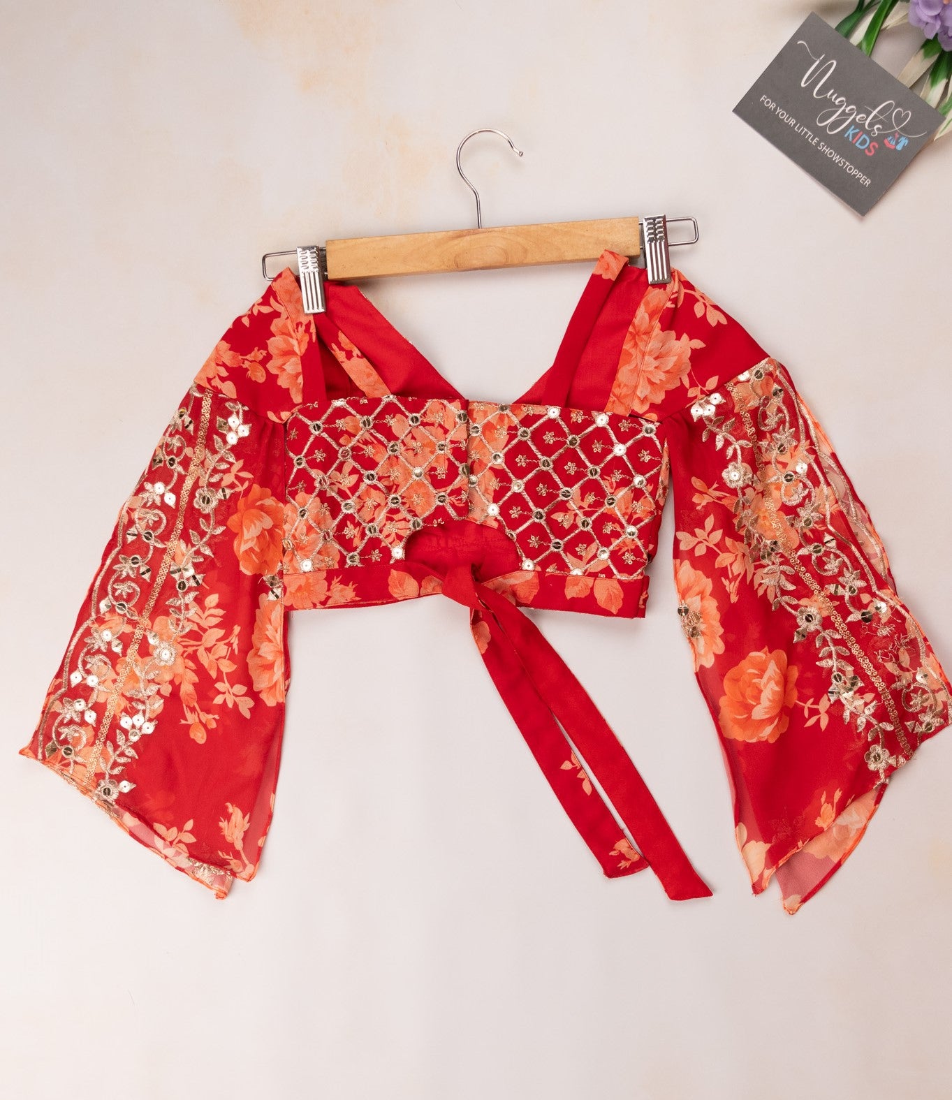 Pre Order: Red floral sequined lehenga and designer blouse with divided cape sleeves