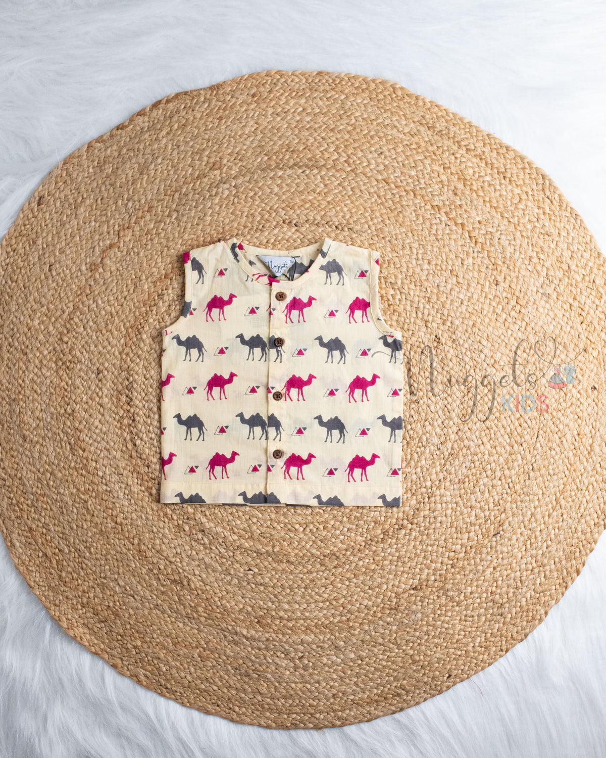 Ready to Ship: Dune Magic Camel Printed Pure Cotton Jhabla with Wooden Button Detailing