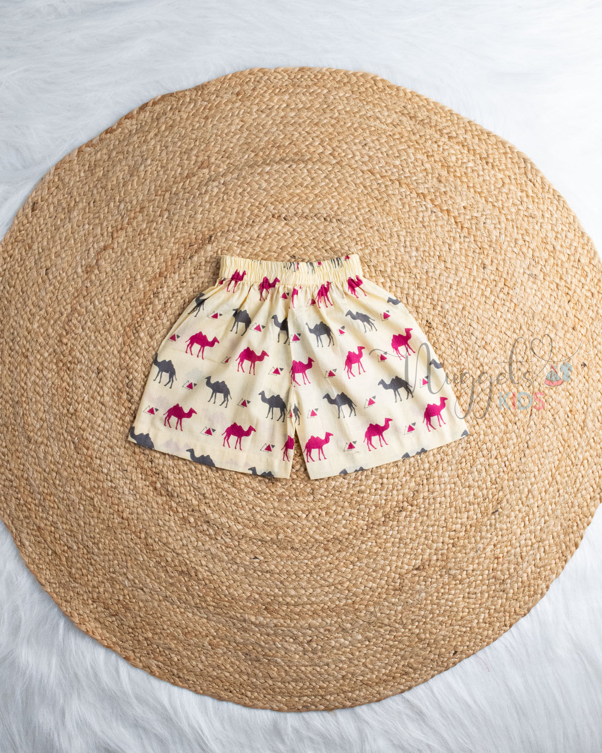 Ready to Ship: Camel Printed Sleeveless Jhabla and Shorts Set